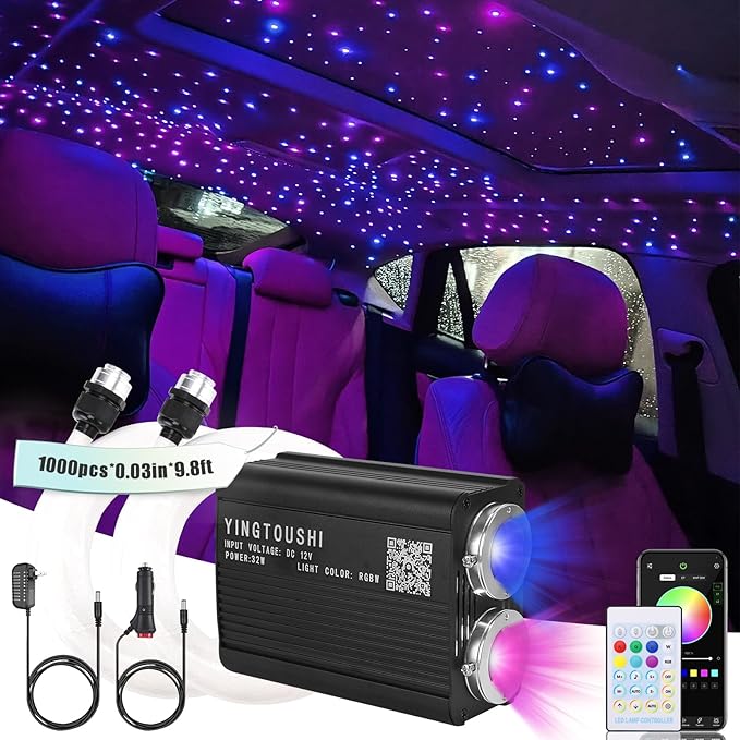 Dual Color Twinkle Starlight Headliner Kit, Music Sync 1000pcs 0.03in 9.8ft Fiber Optic Light APP/Remote Control for Car Home Ceiling Star Lights