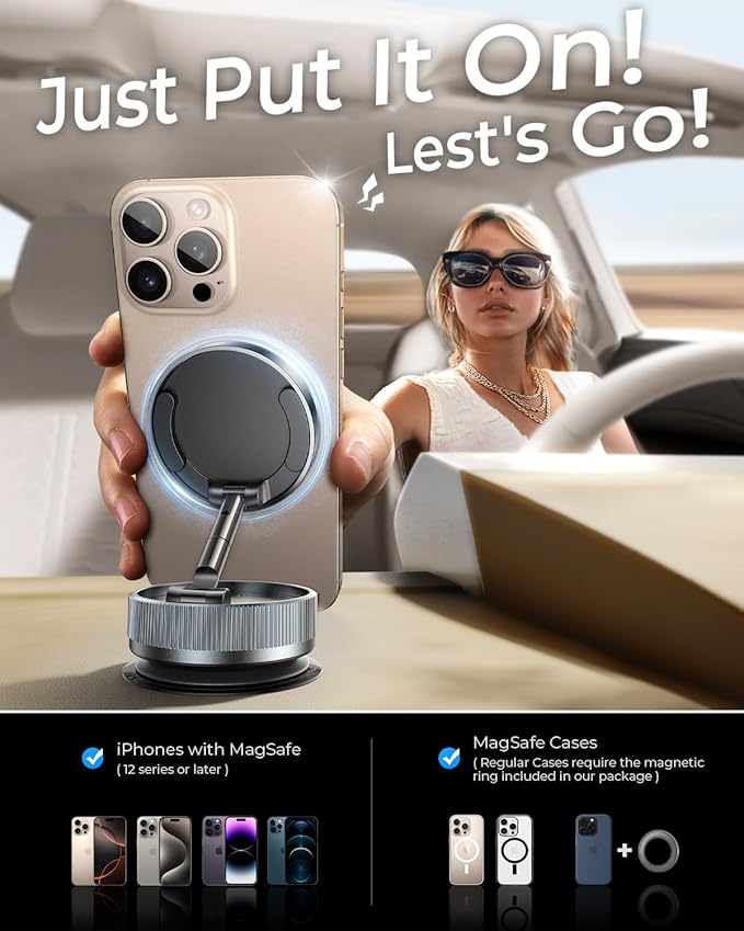 Upgraded Vacuum Magnetic Phone Holder Stand [89+LBS Strongest Suction & 24*N55 Ultra Magnetic] 360° Adjustable Car Phone Mount for MagSafe Suction Cup, Compatible with Car/Gym/Mirror for iPhone 17 16