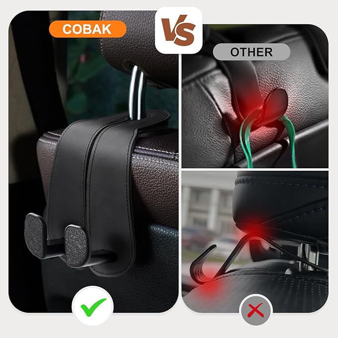 CoBak Extra Wide Car Seat Back Hooks, Premium Stitched Leather Headrest Hangers with Wide Slot Structure, Universal for Any-Width Purses, Handbags, Bags (2 Pack), Black