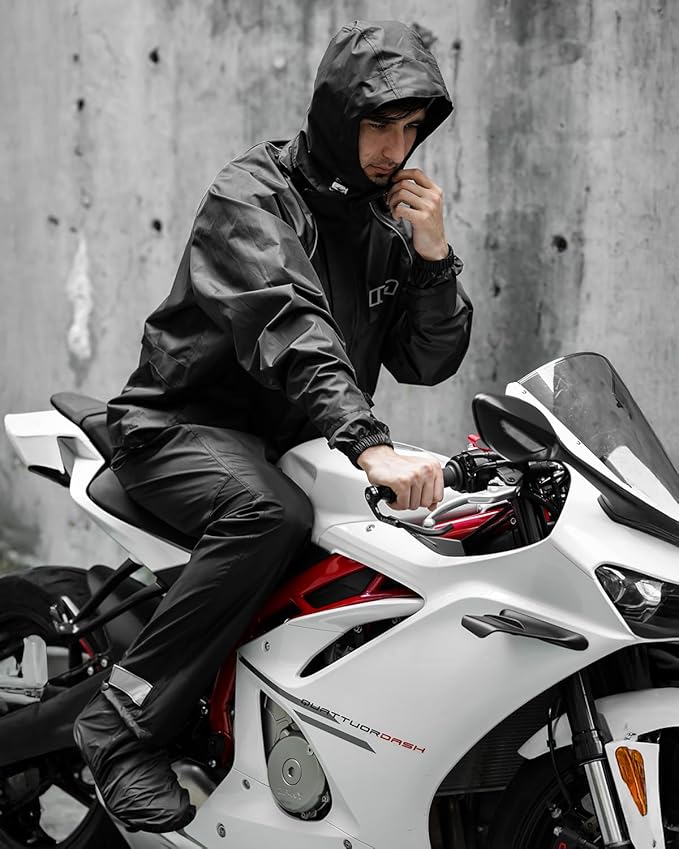 ILM Motorcycle Rain Suit for Men 2 Piece Waterproof Jacket and Pants Hidden Shoe Cover Breathable Reflective Model RS03