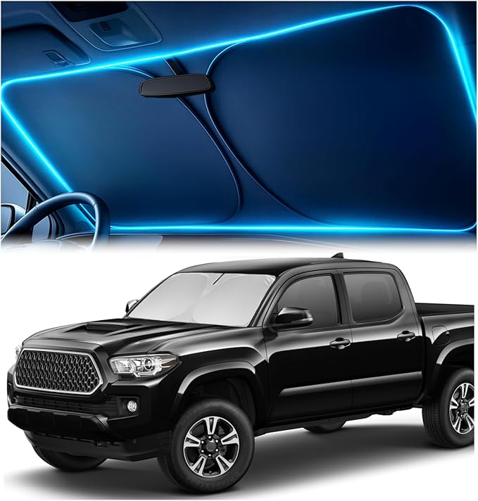 Windshield Sun Shade for Toyota Tacoma 2016-2023 2024 2025 – Custom Fit Sun Shield with Mirror Cut‑Out, Blocks Heat & UV, Foldable with Storage Pouch - Toyota Tacoma Windshield Sunshade