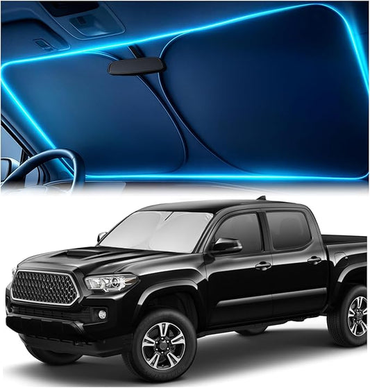 Windshield Sun Shade for Toyota Tacoma 2016-2023 2024 2025 – Custom Fit Sun Shield with Mirror Cut‑Out, Blocks Heat & UV, Foldable with Storage Pouch - Toyota Tacoma Windshield Sunshade