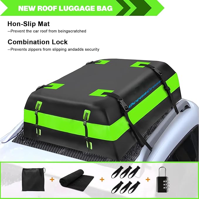 OceanCross Car Rooftop Cargo Carrier Bag, Green Rooftop top Cargo Carrier Bag 15 Cubic feet Waterproof for All Cars with/Without Rack, Includes Anti-Slip Mat, 8 Reinforcement Straps, Luggage Lock