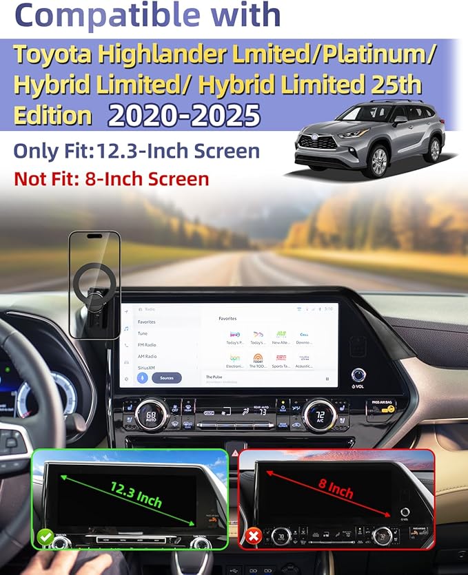 PZK Car Phone Holder for Toyota Highlander Hybrid Lmited/Platinum 2020 2021 2022-2024 2025 Accessories Only for 12.3-inch Screen Compatible with Magsafe Car Phone Mount (Not Fit 8-Inch L/LE/XLE)