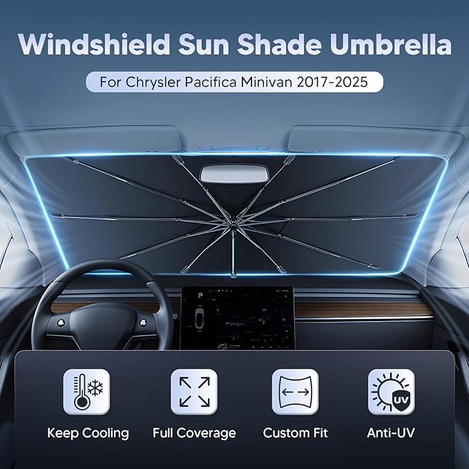 Autorder Windshield Sun Shade Umbrella for 2017-2025 Chrysler Pacifica Minivan Accessories,Upgraded Ice Crystal Material,Easy Setup Umbrella Sunshade for Car Windshield,100% Sun Blocking