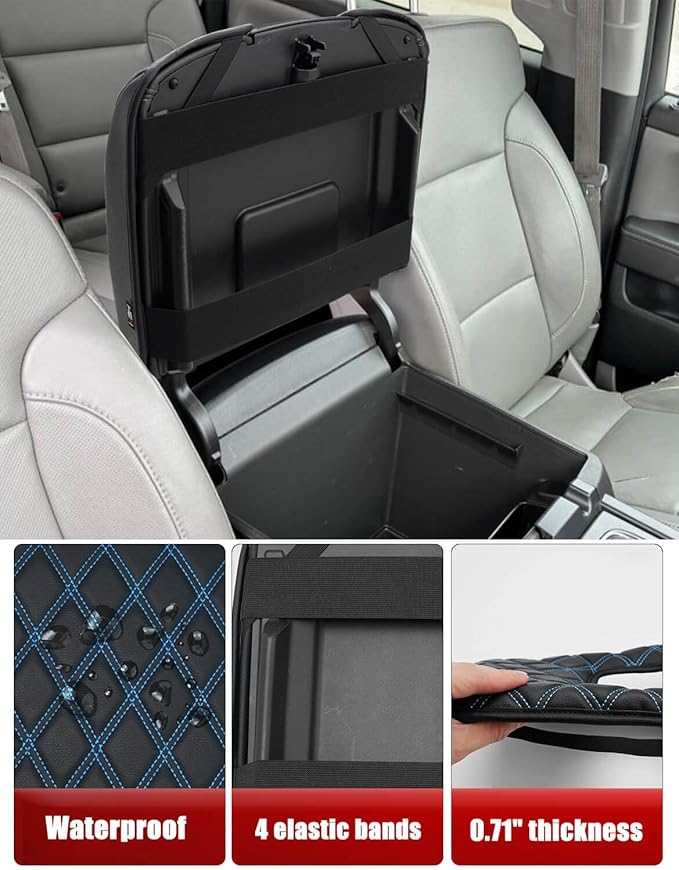 KBH Center Console Armrest Cover for Chevy Silverado & GMC Sierra 1500 2500 3500 2014-2018, Tahoe Suburban Yukon 2015-2020, Bucket Seat Console, Anti-Scratch, Black-Blue Double Stitch