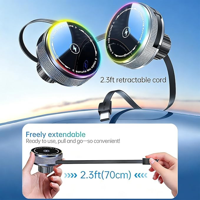 Car Mount Charger 15W Magnetic Phone Holder with Type-C Retractable Cable and RGB Light, Mag Wireless Charging Phone Mount for Air Vent Compatible with iPhone, Samsung, All Smartphones (Gray)