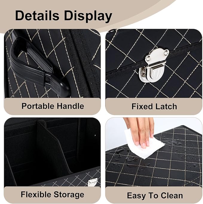 Trunk Organizer with Lid for Car Foldable Storage Box Heavy Duty PU Leather Cargo Organizer for SUV Sedan Waterproof (Black, Large)