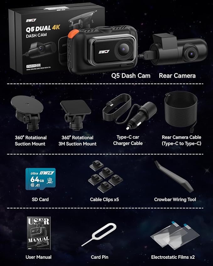 IIWEY 4K+4K Dash Cam Front and Rear, 5G Wi-Fi 64GB SD Card Included, STARVIS Dash Camera for Cars, 3 Inch IPS Screen, Dual Channel HDR Night Vision, 24H Parking Mode, 170° Widude Angle, G-Sensor
