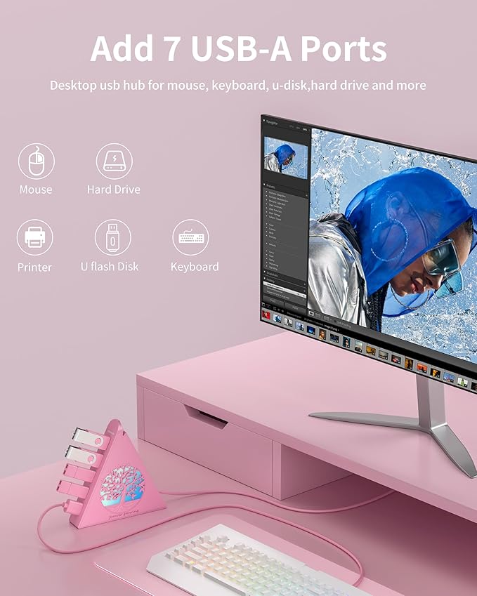 7-Port USB 3.0 Hub, RGB USB Hub with RGB Tree Light and 2ft Cable, USB Hub 3.0 Pink USB Expander for Laptop, PC, Flash Drive, HDD, Console, Printer, Keyboard, Mouse (Pink)