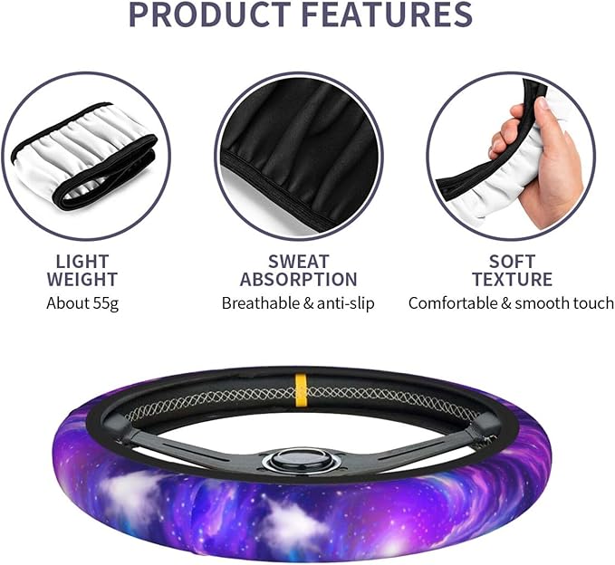 Starry Sky Steering Wheel Cover - Universe Steering Wheel Cover Anti-Slip Breathable Universal for 15 Inch Car with 2 Pieces Car Coasters Suitable for Men Women