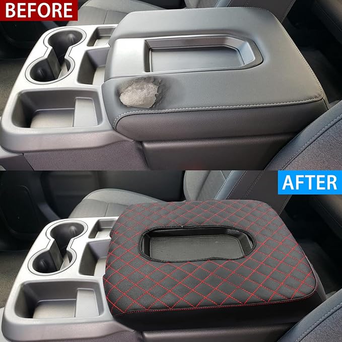 Center Console Armrest Cover for Chevy Silverado/GMC Sierra Accessories 2019-2024 2025 Arm Rest Box Leather Protective Case Middle Console Lid Cushion Pad Only for Jump Seat (Red Stitches)