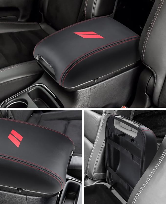 INTGET Car Rear Armrest Cover for Dodge Durango Accessories 2011-2023 Leather Middle Center Console Arm Rest Box Lid Seat Protector Cushion Saver (Red Stitches, 2011-2023)