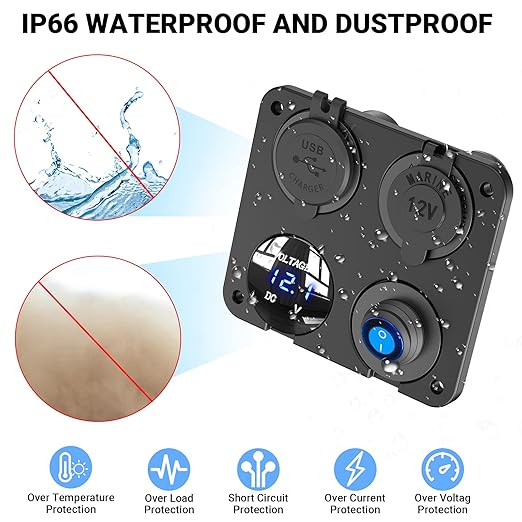12V USB Outlet Socket Panel: (4 in 1) 58W Dual PD3.0 USB C 12V USB Charger 150W Marine Cigarette Lighter Socket 12v Splitter with Voltmeter Digital Display and Waterproof Rocker Toggle Switch 15A Fuse