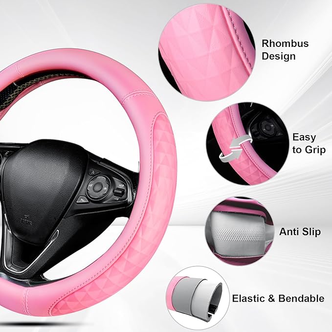 CAR PASS 3D Rhombus Leather Steering Wheel Cover Car Accessories Set, Comfortable Center Console Armrest Cushion with Storage Bags 2 Non-Slip Cup Coasters, 14.5-15in Cute Car Interior Sets, 4 PCS Pink