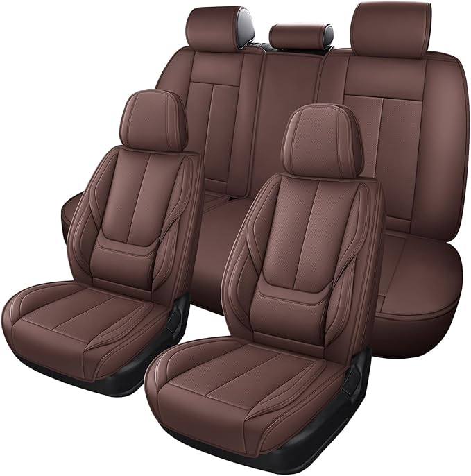 Car Seat Covers Full Set, Car Seat Cover Lumbar Support, Car Seat Protector Waterproof, Nappa Leather Car Seat Cushion, Front Seats and Back Fit for Most Cars Brown