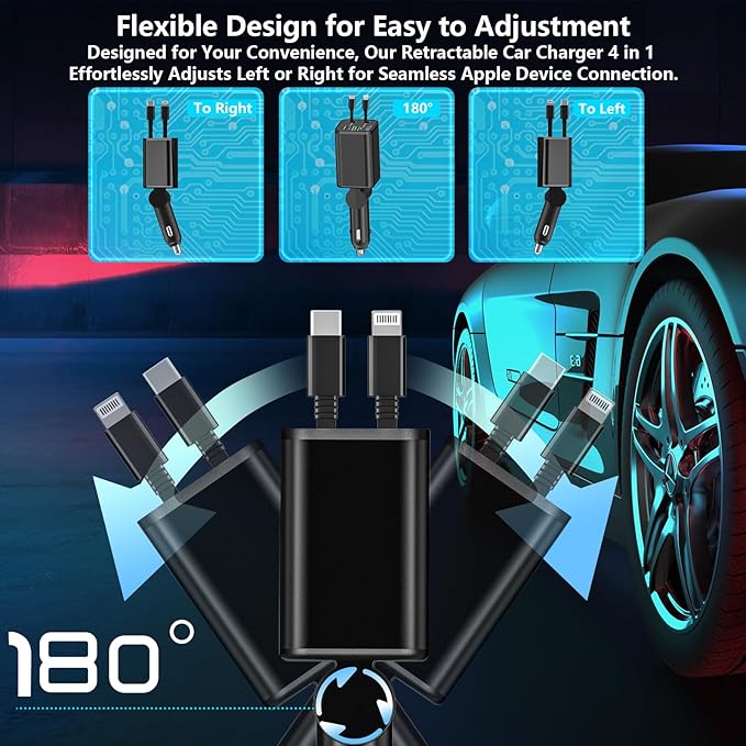 [Apple MFi Certified] Retractable Car Charger USB C, Rombica 120W USB C Car Charger 4 in 1 PD/QC Type C Fast Charging Cigarette Lighter Adapter for iPhone 17/17 Pro/16/15/14/13/12/Galaxy S26/S25/Pixel