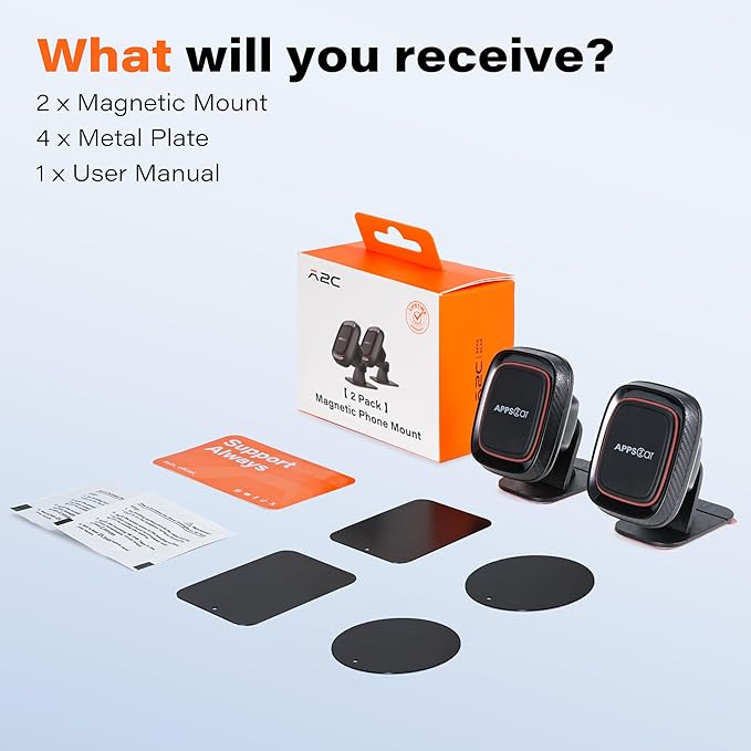 [2 Pack] Magnetic Phone Holder for Car, APPS2Car [Super Strong Magnet] Phone Mount for Car, Dashboard Magnetic Car Phone Holder Mount with Strong VHB Adhesive Mounting, Compatible with iPhone, Samsung