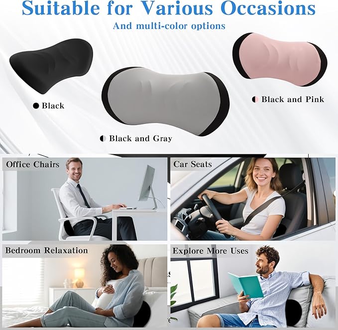 Lumbar Support Pillow for Office Chair and Car - Ergonomic Memory Foam Back Support Cushion for Automotive Seat, Desk Chair, and Recliner (Black)