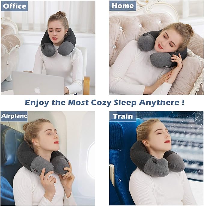 Inflatable Travel Neck Pillow, Airplane Neck Pillow for Long Flight Sleeping,Soft 100% Cotton Travel Pillow for Plane Head Rest, Portable Traveling Essentials