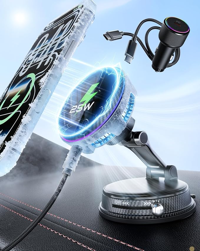 CloudValley 25W Wireless Car Charger Mount with RGB Light, Magnetic Car Phone Holder with Cooling Fan & 45W Adapter, 360° Rotating Vacuum Suction Mount, Only Design for MagSafe iPhone 17/16/15/14/13