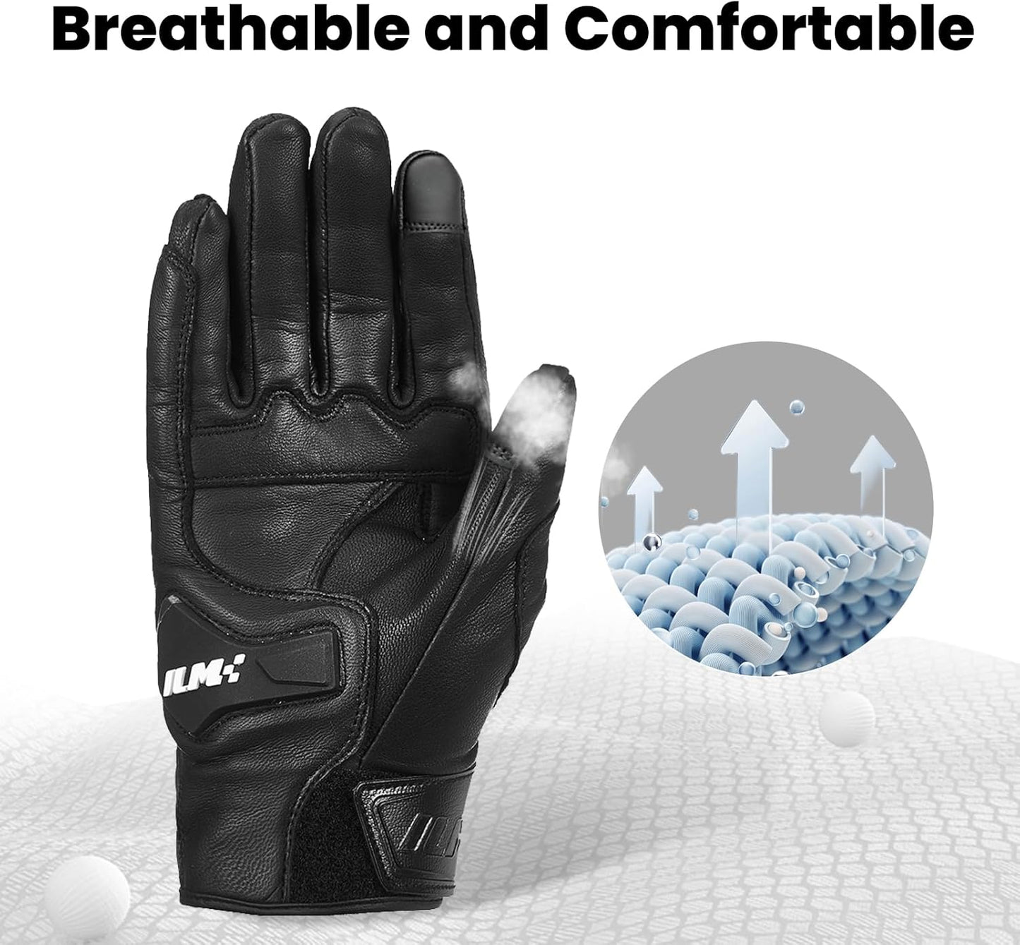 ILM Goatskin Leather Motorcycle Motorbike Powersports Racing Gloves Touchscreen for Men and Women Model DN01(M, Black Unperforated)