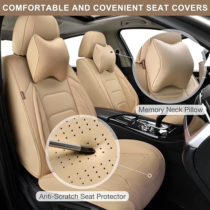 Beige Car Seat Covers Front Pair, Breathable Leather Automotive Front Seat Covers & Headrest for Comfortable Driving, Compatible with Most Cars Sedans SUV Pickup Trucks