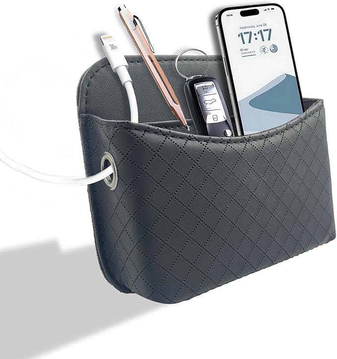 Self-Adhesive Car Seat Side Pocket Organizer with Cable Port - Black PU Leather Storage Pouch for Phone & Keys, Fits Gaps, Console & Door （Glossy Black）