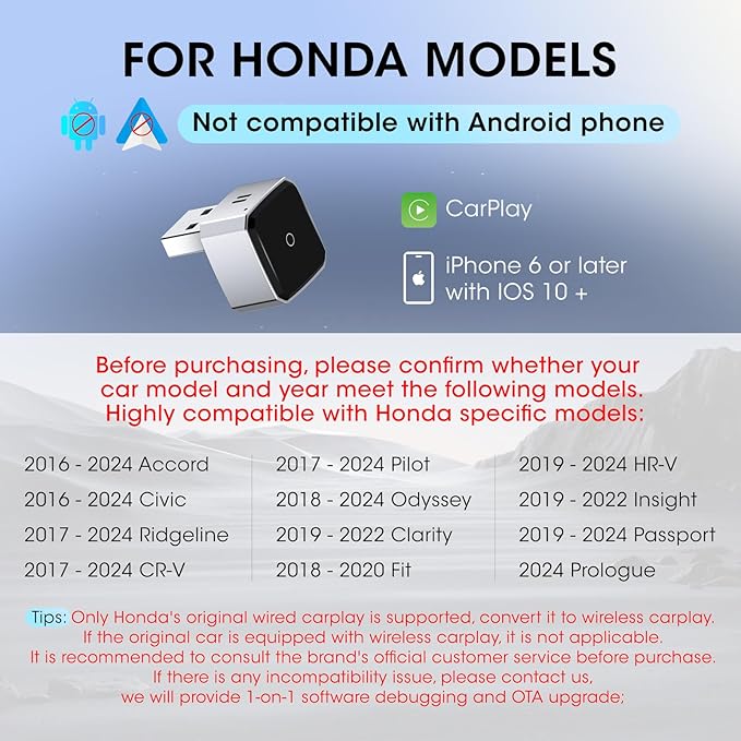 Wireless Carplay Adapter for iPhone, Convert Wired to Apple Carplay Wireless Adapter, Mini Size, Plug and Play, Connection Stable No Delay Car Play for Honda Special Models