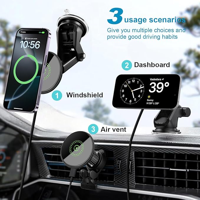 20W Fast Wireless Car Charger Magnetic Fast Wireless Charging Car Phone Holder Compatible with Magsafe for iPhone 17 16 15 14 13 12 Series, Air Vent Mount Dashboard/Windscreen Mount