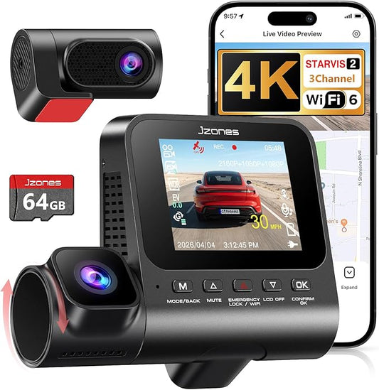 3 Channel Dash Cam, 4K Dash Cam Front and Rear, Dash Camera for Cars STARVIS 2 Sensor Car Dash Cam with HDR Night Vision, 24H Parking Mode Dashcam Built-in 5.8GHz WiFi GPS Loop Recording