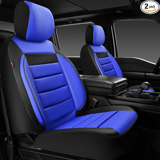 CAR PASS Leather Car Seat Covers Front Seats Only, Universal Fit Automotive Interior Waterproof 3D Foam Back Support Car Seat Covers for Trucks Vans and SUVs Airbag Compatible 2 Pieces Black Blue