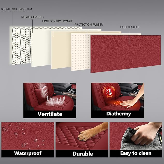 Car Seat Covers Full Set,Universal Fit for Cars,SUVs,Trucks,and Sedans with 5 Seats,Faux Leather Car Seat Cushion Compatible with Airbags,Waterproof Car Seat Protector,Wine Red