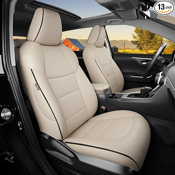 HKZ Fit RAV4 Car Seat Covers Set for 2019 2020 2021 2022 2023 2024 2025 Toyota RAV4 LE,XLE,XLE Premium,Limited - 5 Seats Full Set Leather(Beige)