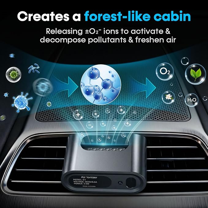 Compact Car Air Purifier for Odor - Easy Install Filter Free Odor Eliminator for Smoke/Pet Odors/VOCs - Silent Operation Universal Vent Clip for Car by Yakry