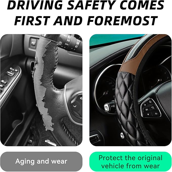 Car Steering Wheel Cover, 14.5-15inch Leather Anti-Slip Car Wheel Cover Protector, Safety Comfortable Desgin, Universal Auto Steering Wheels Accessories for Cars Truck SUV (Brown)
