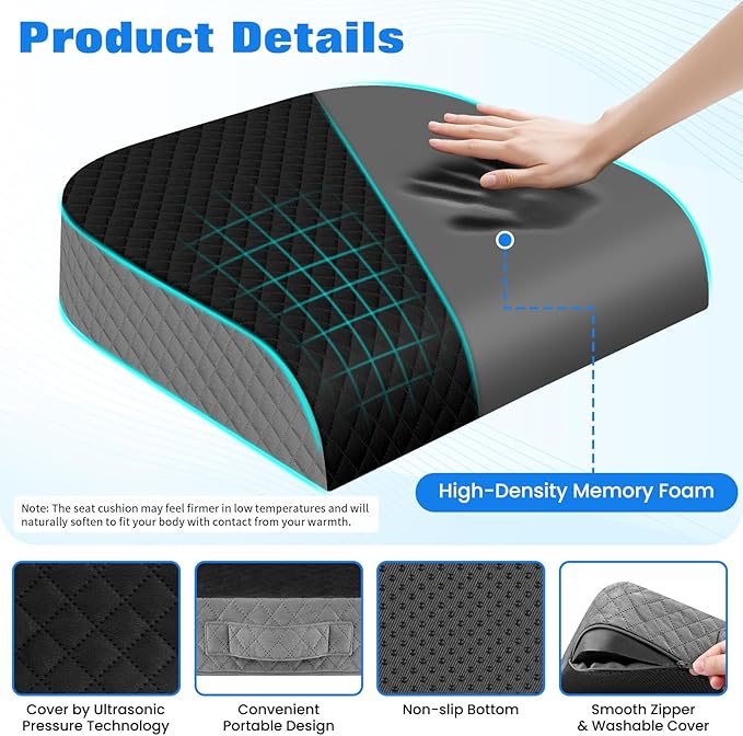 Seat Cushion for Office Chair, Memory Foam Chair Cushions, Car Seat Cushion for Long Sitting, Desk Chair Cushion for Pressure Relief, Non-Slip Bottom, Washable Cover, Large, Black