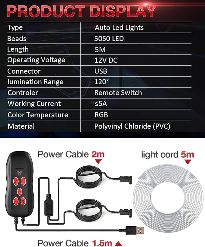 Qoope Interior Car LED Strip Lights 12V RGB LED Ambient Lighting, USB Fiber Optic Lights 5M 16 FT Interior Car Lights with for Decorative Accessories