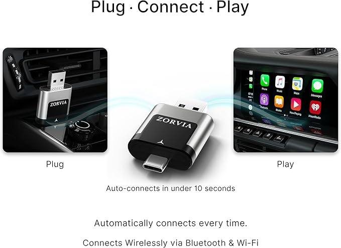 ZORVIA Wireless CarPlay Adapter for iPhone & Android Auto 2026 Upgraded - Convert Wired CarPlay to Wireless, Fast Auto Reconnect, Plug and Play, USB-C & USB-A (Silver)