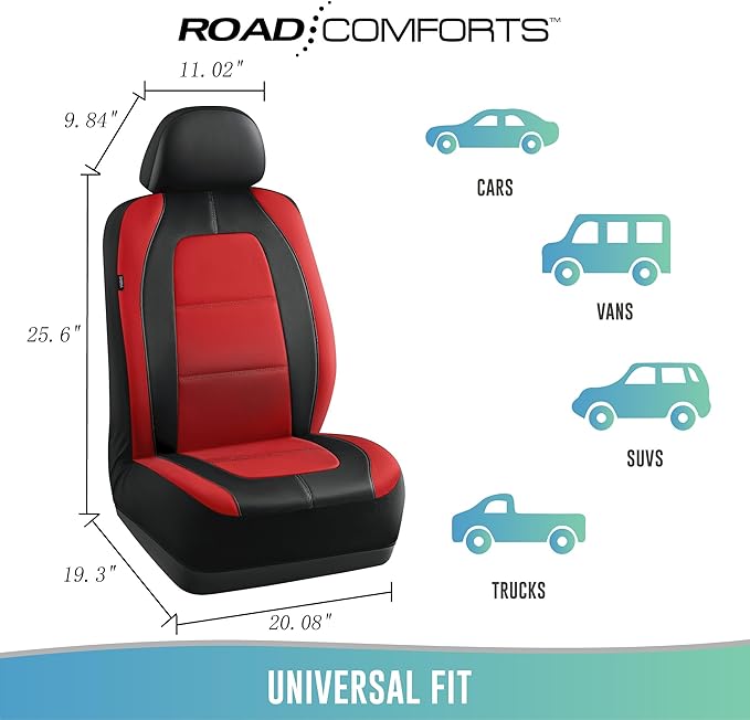 Road Comforts Car Seat Cover, Leather Car Seat Covers, Front Low Back Sport Seat Covers, Airbag Compatible, Universal Fits for Most Cars (Red)