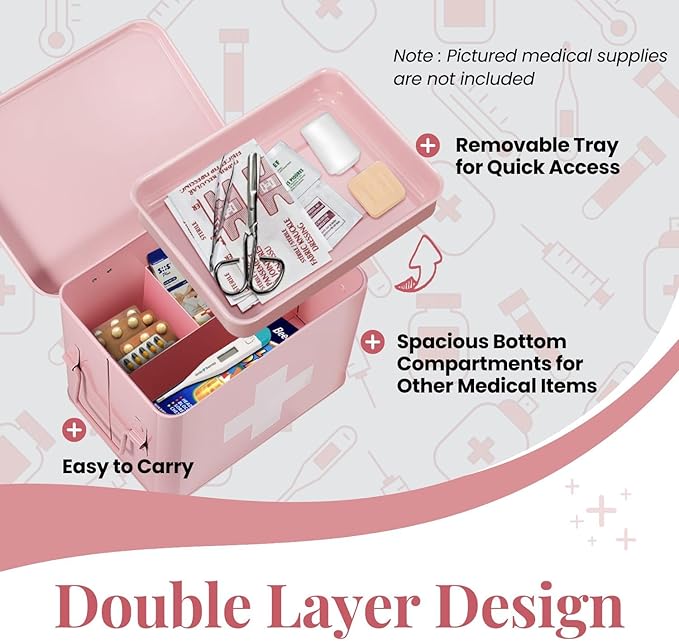 Flexzion First Aid Box Organizer, Empty 8.5 Inch Pink Vintage First Aid Kit Tin Metal Medical Box First Aid Storage Box Container Bins with Dividers, Removable Tray and Cross Logo