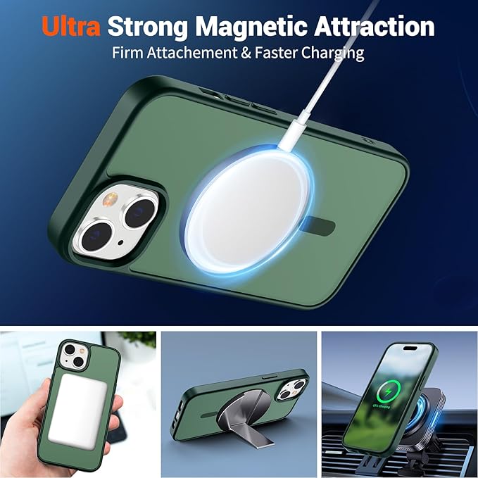 SUPFINE Magnetic for iPhone 15 Case (Compatible with MagSafe) (Military Grade Drop Protection) Slim Translucent Matte Shockproof with Anti-Fingerprint Phone Case, Forest Green