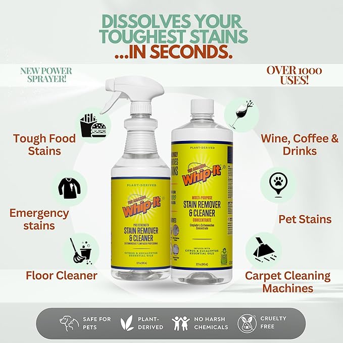 Whip-It All Natural Enzyme Cleaner Stain Fighting Kit - Professional Strength Stain Remover Spray 32oz and Concentrate Multi-Purpose Stain Remover 32oz - Made in the USA