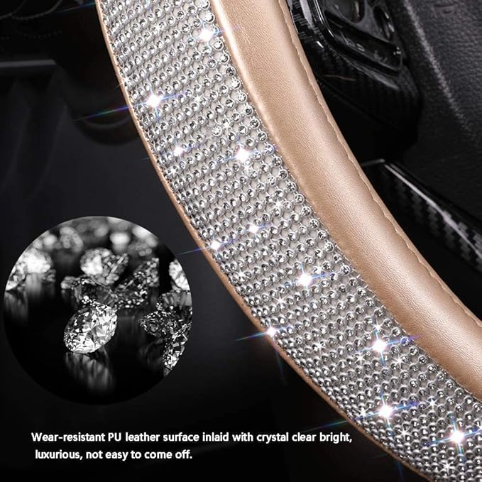 Bling Diamond Leather Steering Wheel Cover, Golden Steering Wheel Covers for Women Girls with Crystal Rhinestones, Universal Fit 14.5-15 Inch Car Steering Wheel Bling Cover Accessories