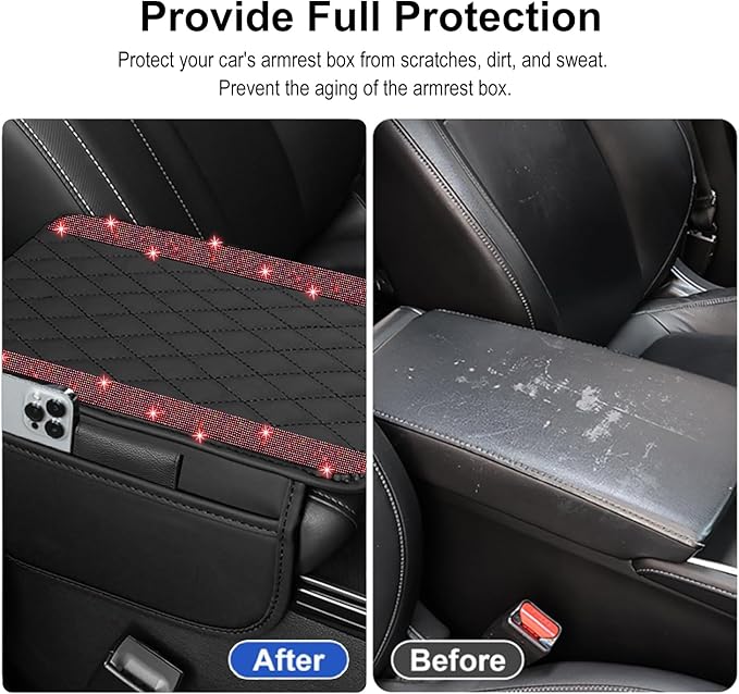 NBTEPEM Bling Car Center Console Cover, Leather Car Arm Rest Cover Cushion with 2 Storage Bags, Universal Automotive Armrest Protector Storage Box, Bling Accessories Interior for Most Vehicles (Red)