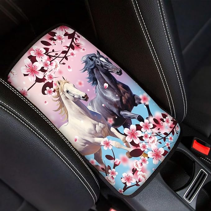 JoyLamoria Horse Floral Vehicle Center Console Cover Armrest Cover Pad Universal Fit Soft Comfort Center Console Armrest Cushion for Car Truck SUV