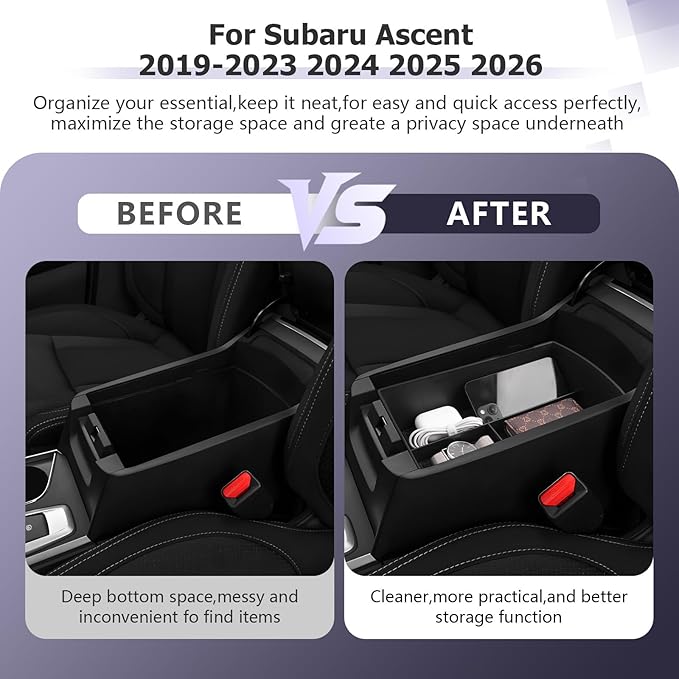 LUWU Center Console Organizer Compatible with Subaru Ascent 2019-2026 Accessories Armrest Console Secondary Storage Box Insert Tray ABS Material Interior Storage Box with Coin Holder Black
