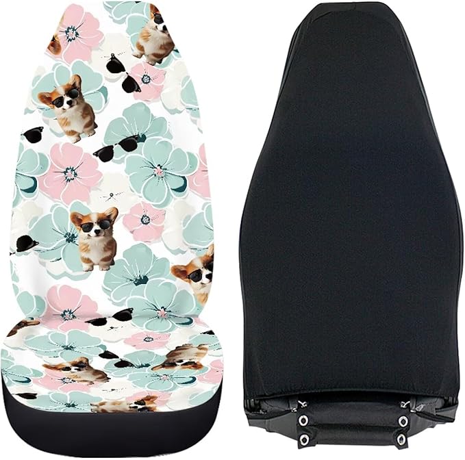 Funny Dog Flowers Car Seat Covers for Womens Mens Universal Auto Front Seats Protector Fits for Car,SUV,Van, Truck