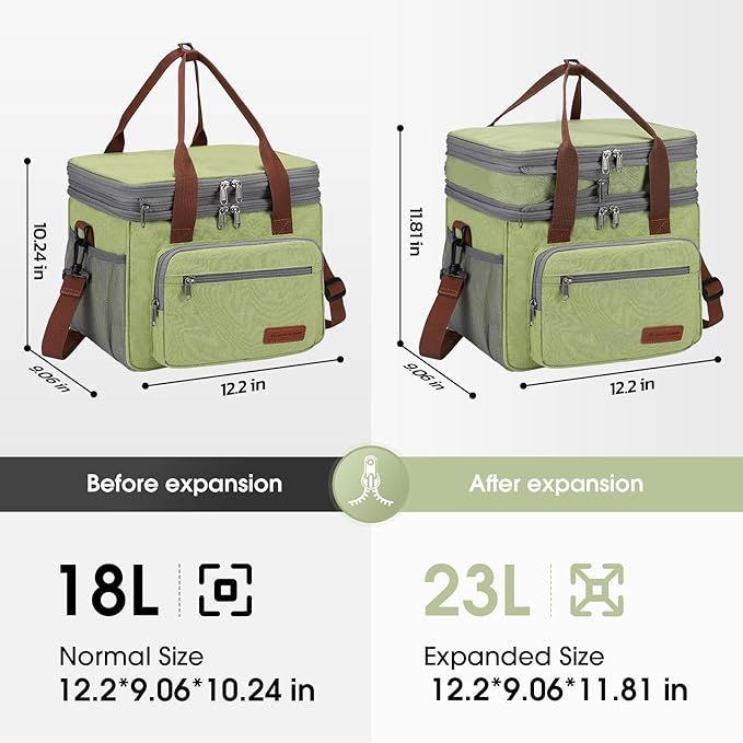 Maelstrom Lunch Box, 23L Insulated Lunch Bag, Expandable Double Deck Cooler Bag, Lightweight Leakproof Tote Bag With Side Tissue Pocket, Suit For Men and Women (C. Green)