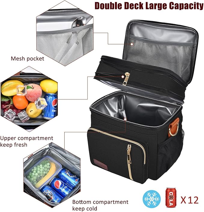 MIYCOO Lunch Bag & Lunch Box for Women Men, Double Deck Leakproof Insulated Soft Large Adult Camping Cooler bag for Work, Beach, Picnic, Travel (Black Orange, 15L)